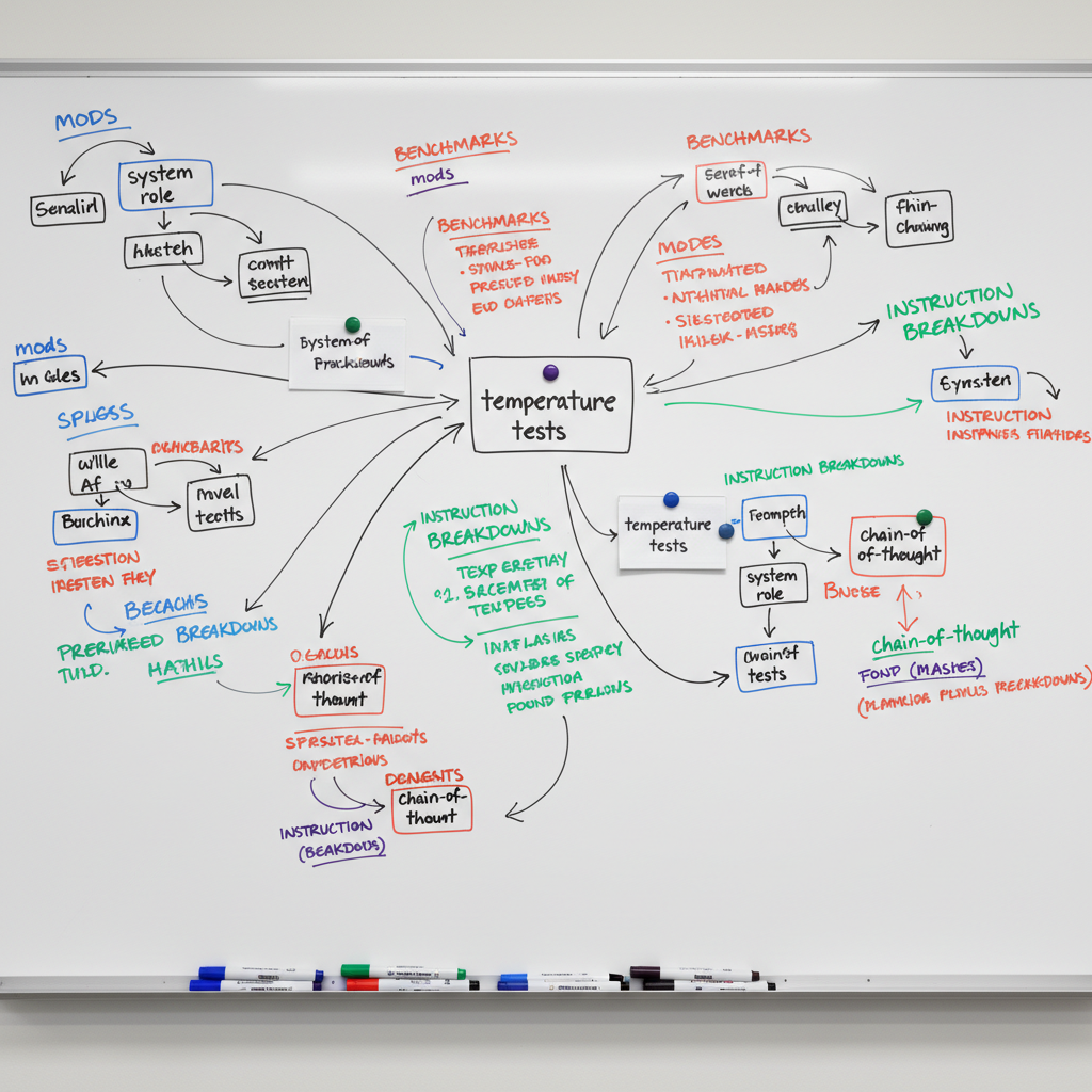 A clean whiteboard wall spanning the frame, covered with meticulously written prompt engineering notes, arrows, brackets, and color-coded markers outlining mods, benchmarks, and instruction breakdowns. Magnetic index cards hold key phrases like “system role”, “temperature tests”, and “chain-of-thought”, arranged in deliberate clusters. At the base, a slim aluminum marker tray holds neatly capped markers arranged by color. Soft overhead office lighting creates even illumination with gentle, realistic shadows under each card. Photographic realism, shot straight-on with sharp focus throughout, creating a structured, professional, lab-notebook atmosphere that feels like a planning wall for serious AI prompt experimentation.