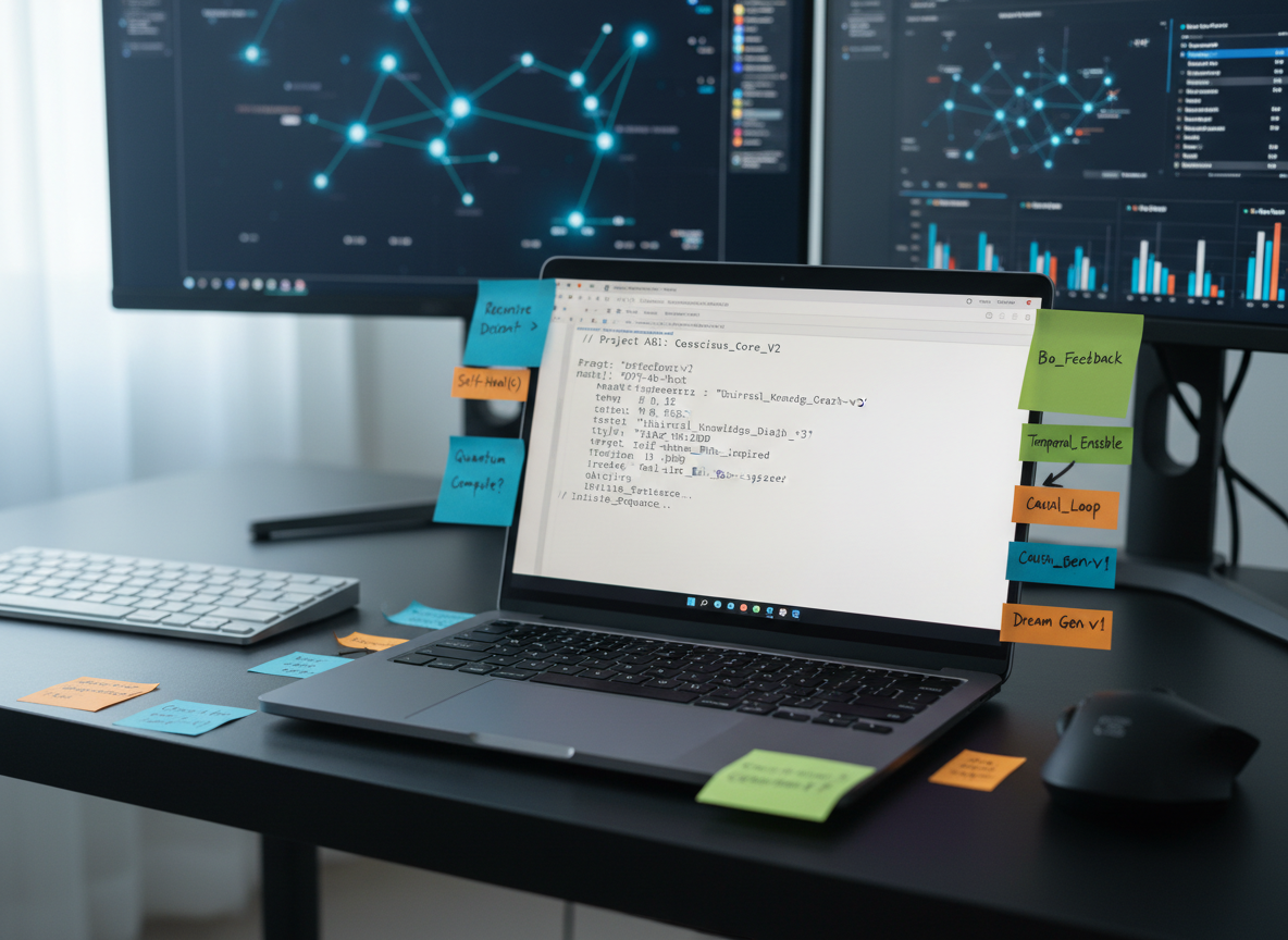 A meticulously organized dark graphite laptop open to a minimal text editor showing a complex AI prompt, resting on a matte black desk. Around it, color-coded sticky notes display short, cryptic prompt fragments and arrows, while a sleek silver mechanical keyboard and a wireless mouse complete the setup. In the background, two large monitors show abstract neural network diagrams and benchmark charts, softly blurred. Cool, diffused daylight from an unseen window washes across the scene, creating gentle reflections on the laptop’s metal surface. Photographic realism, shot at eye level with a shallow depth of field, clean and modern composition, professional mood emphasizing analytical focus and experimentation in AI prompting.