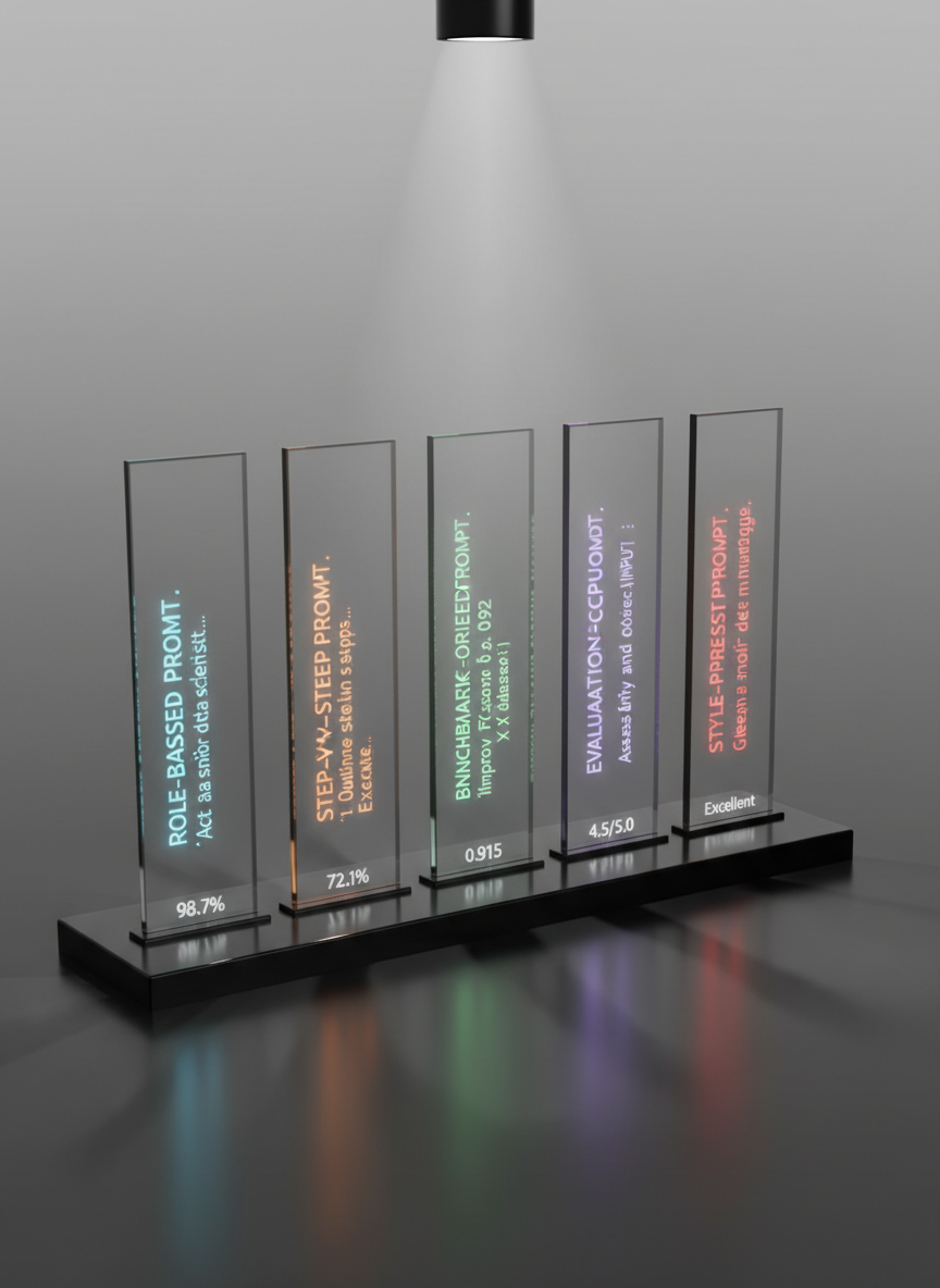 An array of five slim, vertical glass panels standing upright on a reflective black surface, each panel etched with a different structured prompt format: role-based, step-by-step, benchmark-oriented, evaluation-focused, and style-preset. The text glows softly in distinct colors, subtly fading toward the top. Tiny numeric metrics hover near the base of each panel like HUD readouts, slightly blurred. Cool, controlled studio lighting with a gentle spotlight from above casts sharp reflections and long, clean shadows, enhancing the precision. Photographic realism with a slightly elevated angle, crisp focus, and a minimalist, high-tech aesthetic, suggesting a controlled experiment comparing multiple AI prompting strategies in a professional environment.