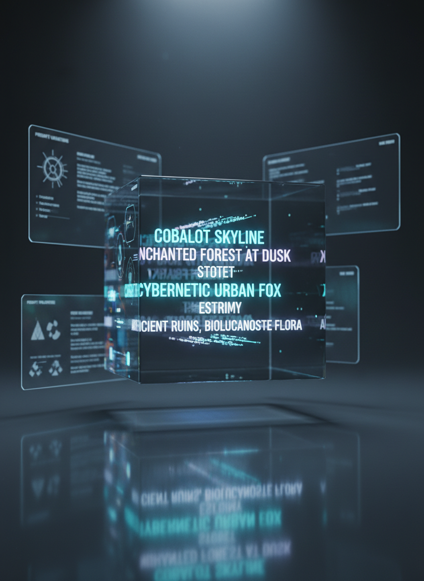 A pristine, transparent glass cube suspended above a smooth, charcoal-gray surface, its interior filled with glowing, layered prompt text lines in different weights and colors, as if floating in three dimensions. Around the cube, faint holographic panels show prompt variations, presets, and structured instructions, slightly out of focus. Subtle cool studio lighting and a soft blue rim light define the edges of the cube, casting crisp reflections and gentle shadows on the surface below. Photographic realism with a slightly low-angle perspective, centered composition, and a high-contrast, laboratory-like atmosphere, conveying precision, experimentation, and the idea of prompts as carefully engineered constructs.