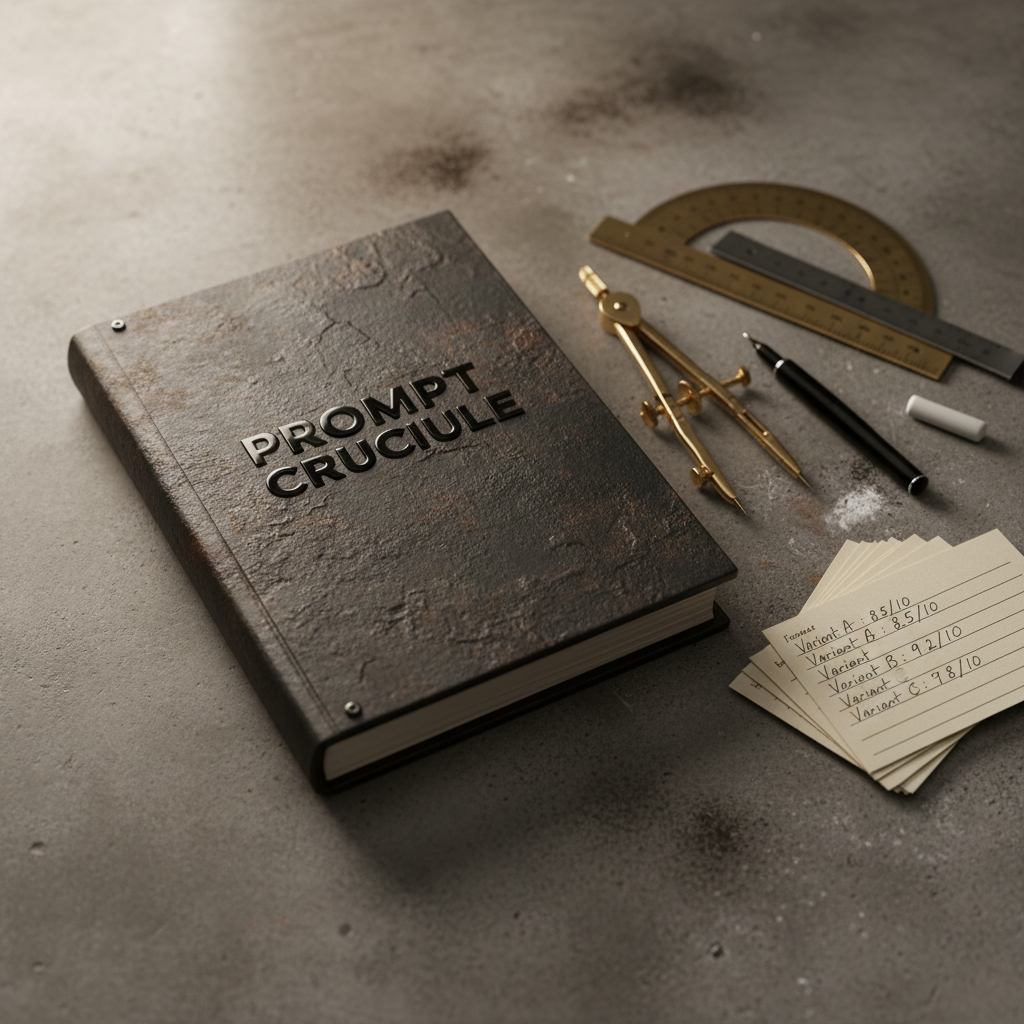 A close-up, overhead photographic view of a heavy, dark metal notebook titled “Prompt Crucible” embossed in subtle, glossy letters on its textured cover, resting on a concrete workbench. Beside it lie precision drafting tools, a fine-tip black pen, and a small stack of neatly cut index cards filled with handwritten prompt variants and numeric scores. A faint dusting of graphite and chalk adds a workshop feel. Warm, directional side lighting from the left creates deep, dramatic shadows and rich texture on the notebook’s surface. The composition follows the rule of thirds with shallow depth of field, evoking a serious, experimental lab notebook dedicated to refining AI prompts.