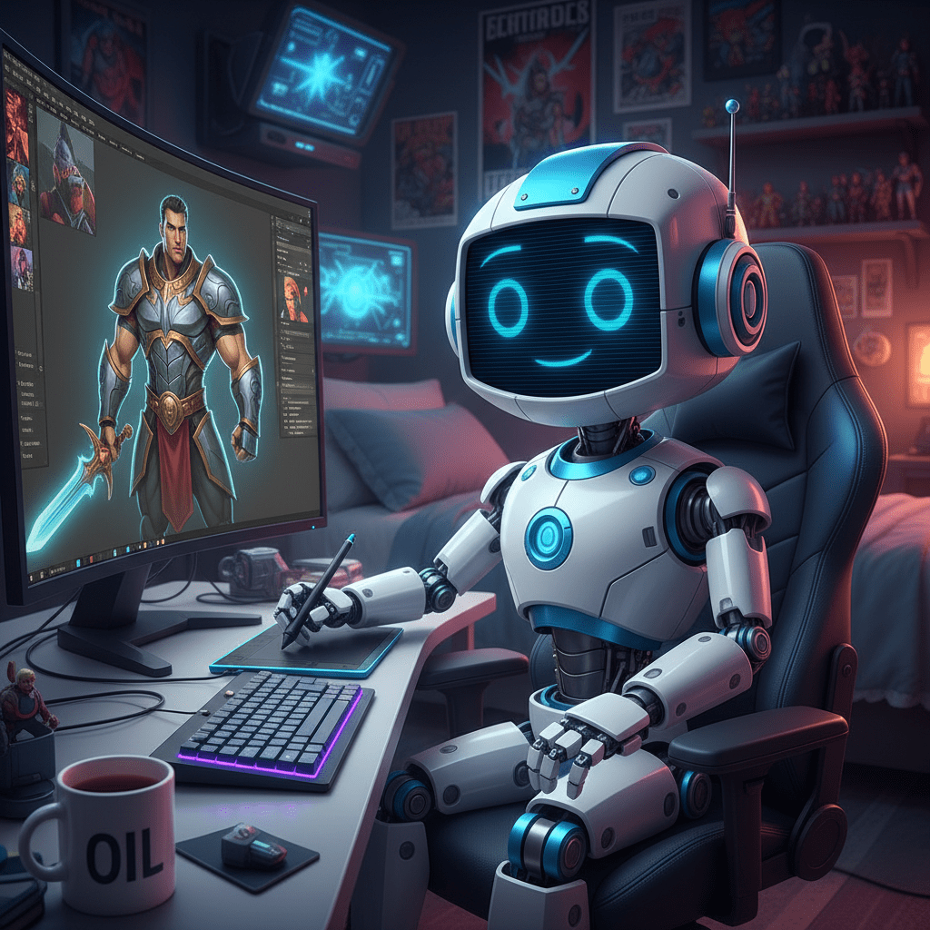 Robot digital artist using a graphics tablet to design a fantasy warrior on a monitor.