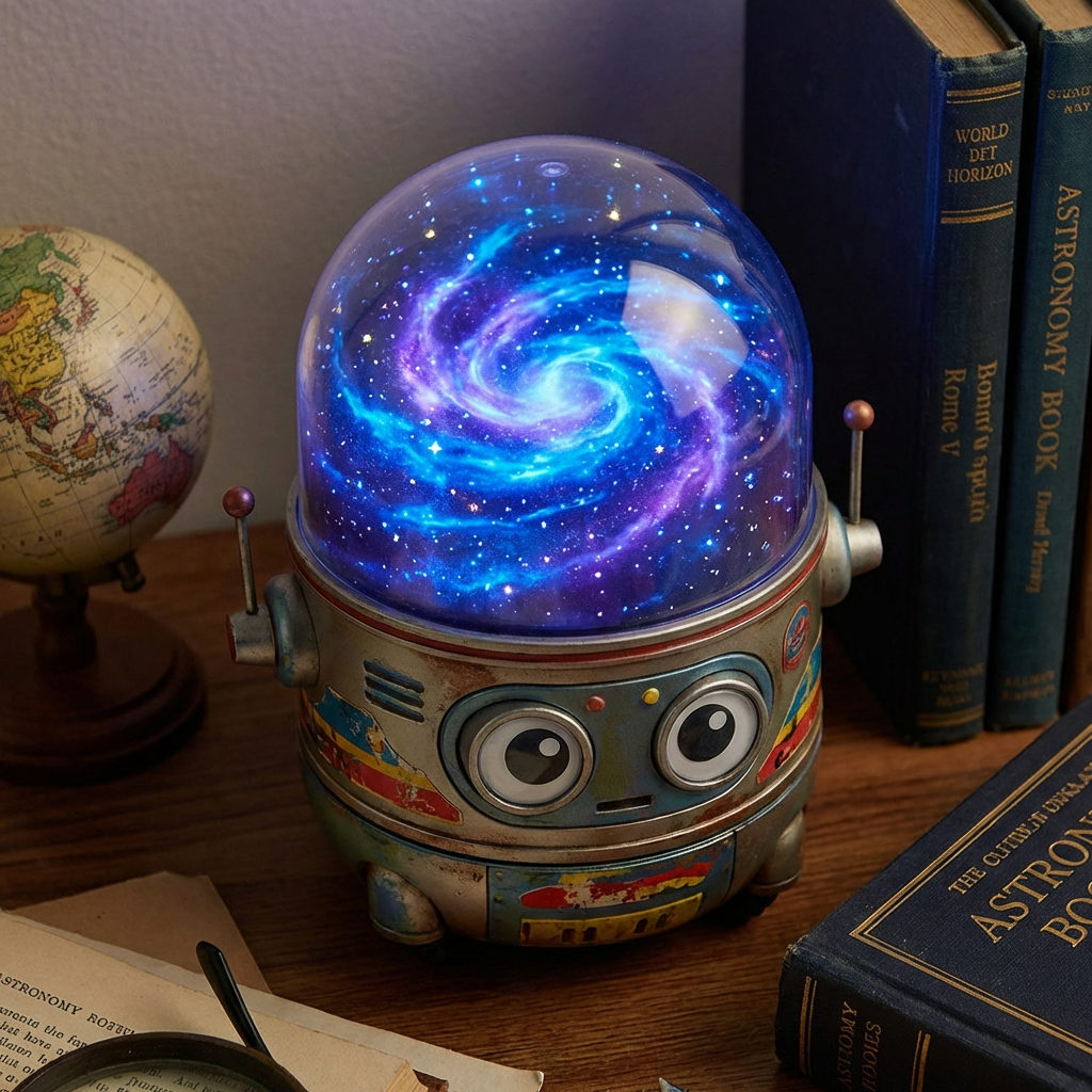 Vintage robot lamp featuring a glowing blue and purple spiral galaxy dome on a desk.
